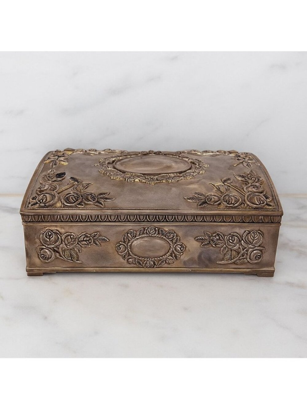 Vintage Godinger Silver Plate Jewelry Box with Roses and Red Velvet‎ Interior